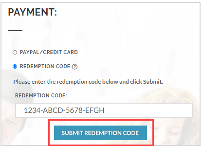 The "Submit Redemption Code" button is after the redemption code entry field on the Webstore payment page.